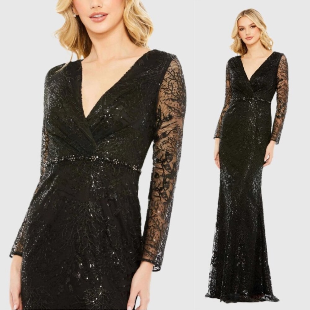 NWOT MAC DUGGAL 68016 NWOT EMBELLISHED WRAP OVER LONG SLEEVE GOWN BLACK SIZE 14